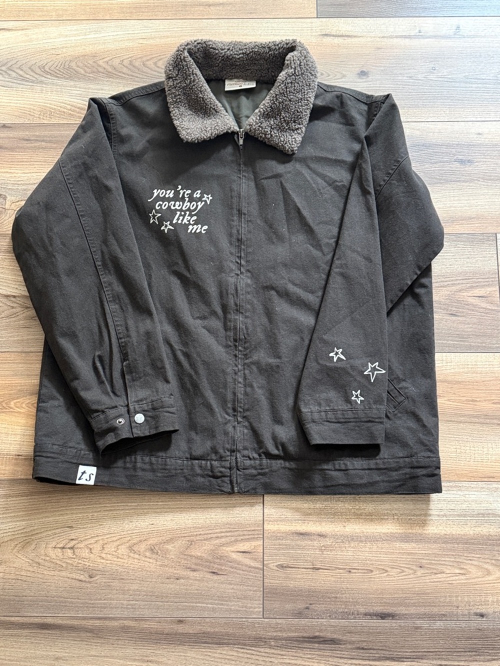 NWOT Taylor Swift Brown Sherpa-Collar Jean Jacket with Star Embroidery